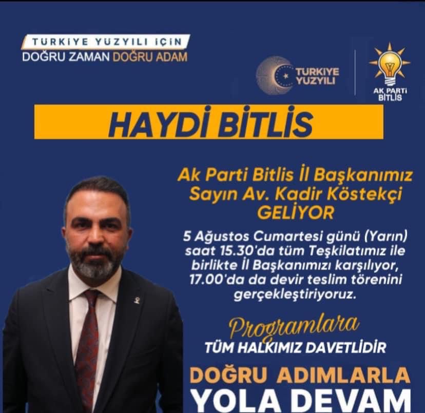 Bitlis Çevre Şehir ve Kültür Başkanlığı🇹🇷 (@csk_bsk_bitlis) on Twitter photo İl Başkanımız Sn.<a href="/avkadirkstekci/">Kadir Köstekçi</a>’yi karşılamaya gidiyoruz.
5 Ağustos Cumartesi günü saat 15.30'da tüm Teşkilatımız ile birlikte Muş havaalanında İl Başkanımızı karşılıyor,17.00'da da Parti Binamızda devir teslim törenini gerçekleştiriyoruz.
Programlara tüm halkımız davetlidir. İl Başkanımız Sn.<a href="/avkadirkstekci/">Kadir Köstekçi</a>’yi karşılamaya gidiyoruz.
5 Ağustos Cumartesi günü saat 15.30'da tüm Teşkilatımız ile birlikte Muş havaalanında İl Başkanımızı karşılıyor,17.00'da da Parti Binamızda devir teslim törenini gerçekleştiriyoruz.
Programlara tüm halkımız davetlidir.