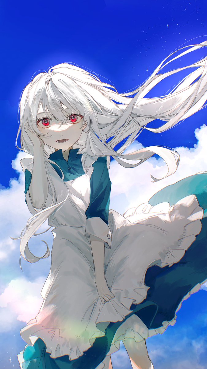 kozakura marry 1girl solo long hair red eyes dress sky white hair  illustration images