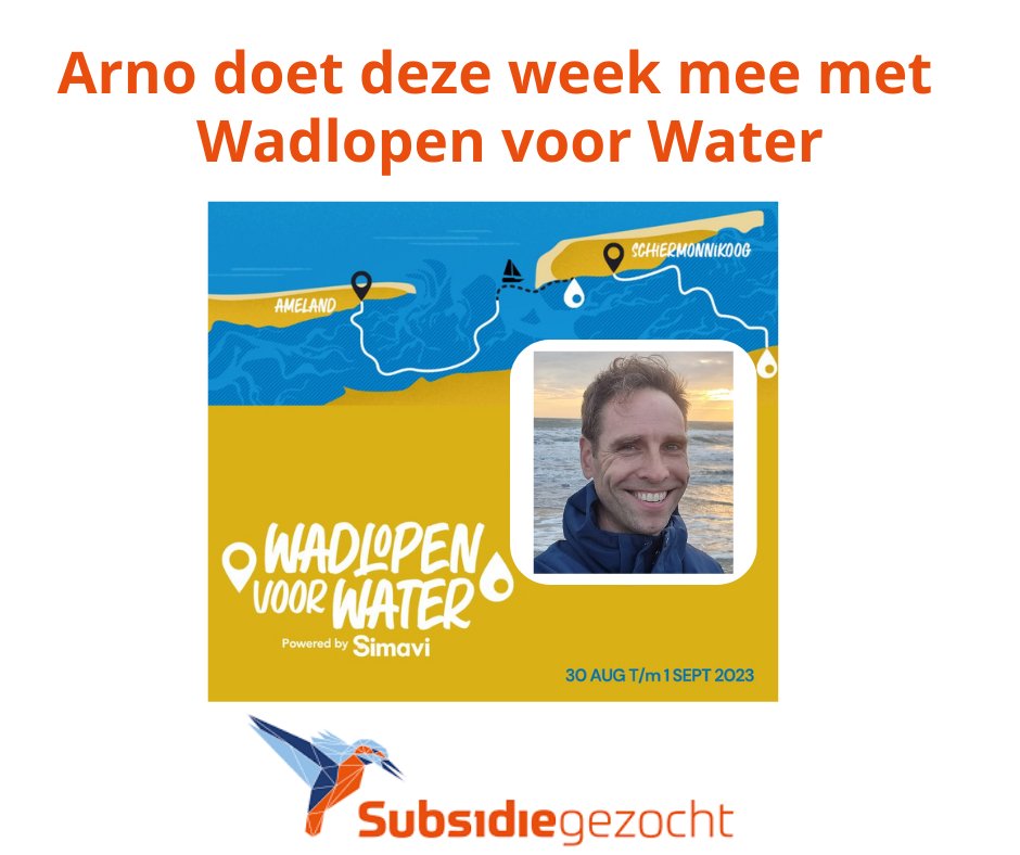 subsidiegezocht's tweet photo. Morgen begint #SubsidieGezocht-projectleider Arno Smit aan de sponsortocht #WadlopenvoorWater, zie https://t.co/m5yi7GEDHy. Met het sponsorgeld investeert #Simavi in directe wateroplossingen voor vrouwen en meisjes in Kenia, Nepal en Bangladesh. Arno, veel succes met wadlopen! https://t.co/d3CAXSWdno