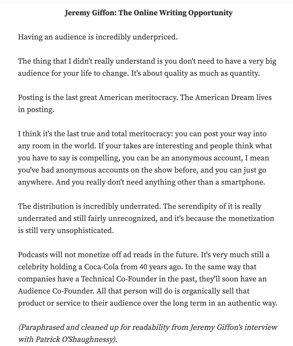 My friend <a href="/jeremygiffon/">Jeremy Giffon</a> did a masterful job explaining the opportunity for creators in his Invest Like the Best podcast interview.