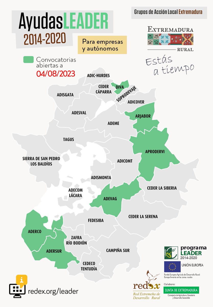 Convocatorias de Ayudas LEADER 🌿🇪🇺 abiertas para empresas y autónomos en #ExtremaduraRural

Si tienes algún proyecto, una idea de negocio o ampliar el que ya tienes estas ayudas te pueden interesar

Más información en redex.org/leader