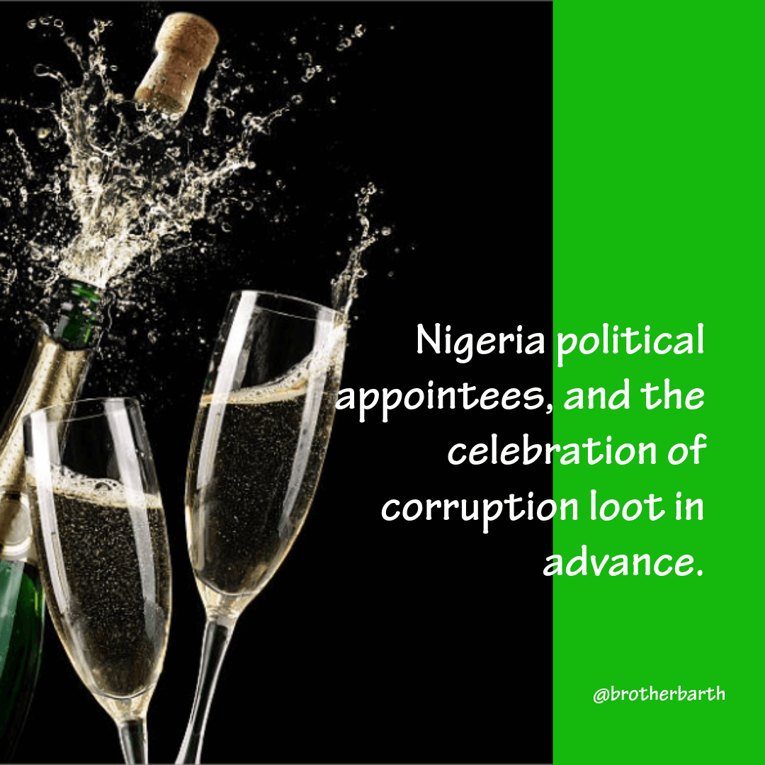 brotherbarth's tweet photo. FRIDAY MORNING REFLECTION – Nigeria political appointees, and the celebration of corruption loot in advance.

1. With the State of the economy, insecurity, poverty, debt burden, abysmal power supply, humongous housing deficit, 20+ million children out of school, high unemployment, extremely poor remuneration for workers, food inflation, etc, no Nigerian leader; elected or appointed should be doing anything close to celebration.

2. Sadly, what you see everywhere - online and offline is celebration galore by those appointed either as Advisers or Assistants to the President and Governors, or as Ministers or Commissioners Nominees.

3. What exactly are they celebrating?

4. A Federal Minister Nominee presented a 2-credit Pass School Certificate of 5 subjects as his academic qualification, and yet had the boldness to tell Nigerian Senate that he does not even need such much qualification to become the President of Nigeria – implying that he is abundantly qualified. Even with that, he stands cleared to become a Minister of the Federal Republic of Nigeria. He too, is celebrating as I wrote this reflection.

5. And there are former Governors who boldly superintended election rigging in their States (even with fatal violence), appointed as Minister Nominees, in what for obvious reason comes through as a reward for job well done. They too are celebrating. Again, I ask:

6. What exactly are they celebrating?

7. A fellow told me that they are celebrating the loot they will loot in advance. He said, they are celebrating the new properties they will acquire (at home and abroad) from the loot they will loot. He said, they are celebrating the luxurious lifestyle they would fund with the loot they will loot. He said, they are celebrating that they will send their children abroad to study with the loot they will loot. He said, all you see them celebrate is the loot, they are convinced they will loot. He said, they are celebrating because corruption celebrates its loot in advance. Although there are exceptions to this malady, but unfortunately, they are a tiny minority.

8. Nigerians must wake up and find a way to get this set of unpatriotic, parasitic, thoughtless and unbridled-selfish politicians, out of every leadership occupation, the country will continue to sink lower, and lower; and deeper and deeper, into ruins.

9. Have a blessed Day.

#AllEyesOnTheJudiciary