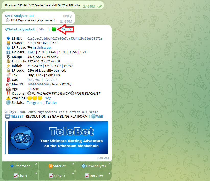 made_l2's tweet photo. ▪️According to the #SAFEanalyzerbot, the contract has the following properties:
▪️Green circle: Safe to play
▪️ Owner: Renounced (Ownership has been renounced)
▪️ Tax: 1% Buy / 1% Sell (There is a 1% tax on buys and sells)
▪️LP Lock: Burned or Locked. https://t.co/WlPAGGeZLX