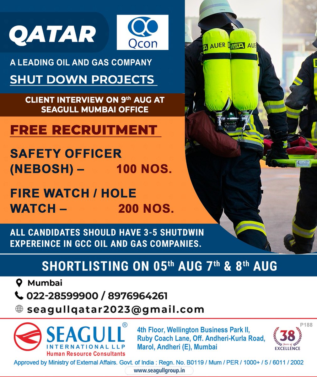 hrd1_seagull's tweet photo. QATAR JOBS
FREE RECRUITMENT
SHUT DOWN PROJECT
SHORTLISTING ON 05th,07th &amp; 08th AUGUST
CILENT INTERVIEW ON 09th AUGUST 2023 AT MUMBAI OFFICE
.

.

.
#qatarjobs #mumbaijobs #safetyofficer #firewatch #holewatch https://t.co/YxZQIRVvf3