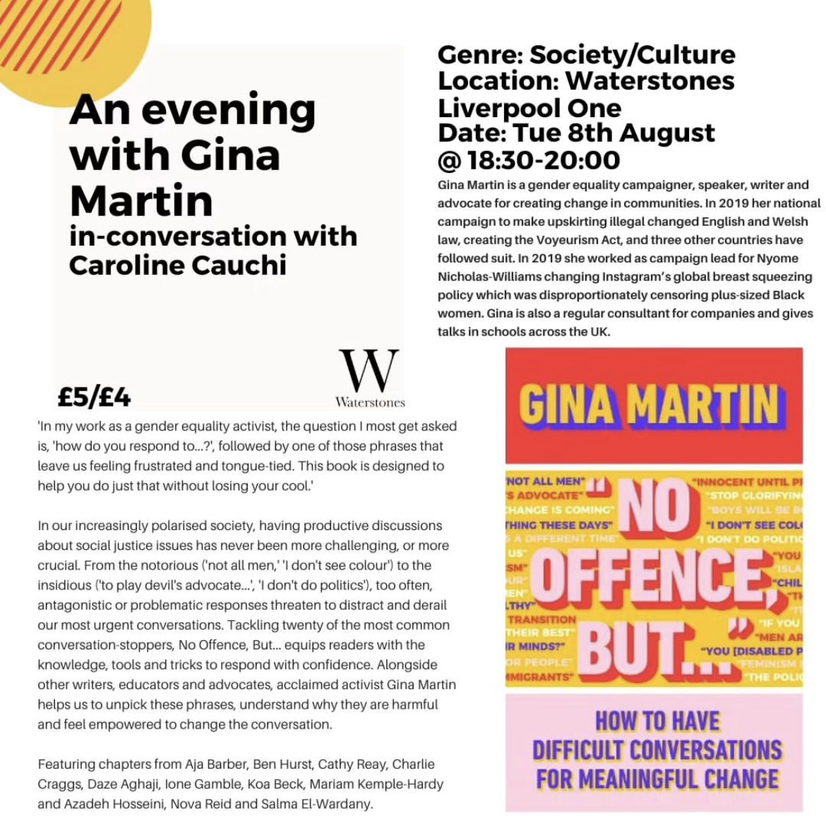 I’ll be in conversation with Gina Martin at @WaterstonesLPL on Tuesday. Do come along ❤️