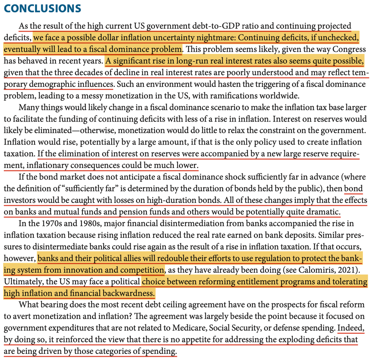 "Fiscal dominance refers to the possibility that the accumulation of government debt and continuing government deficits can produce increases in inflation that “dominate” central bank intentions to keep inflation low." - Charles W. Calomiris

The article begins by showing that