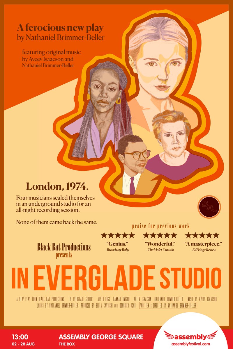 Hello #TweetTheMedia, a very happy Fringe! 

IN EVERGLADE STUDIO is a ferocious new comedic thriller with original '70s inspired music by <a href="/brimmerbeller/">Nat</a> and @aveevisaacson. We'd love to welcome you to <a href="/AssemblyFest/">Assembly Festival</a>'s The Box at 13:00 until 28 Aug! assemblyfestival.com/whats-on/In-Ev…
