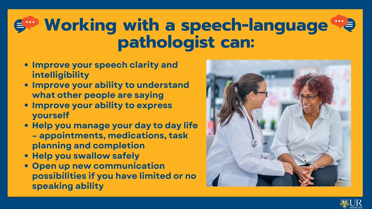 Speech pathologists work with people of various ages and with a variety of conditions! 

#speechtherapy #speechtherapist #speechpathologist #MedTwitter