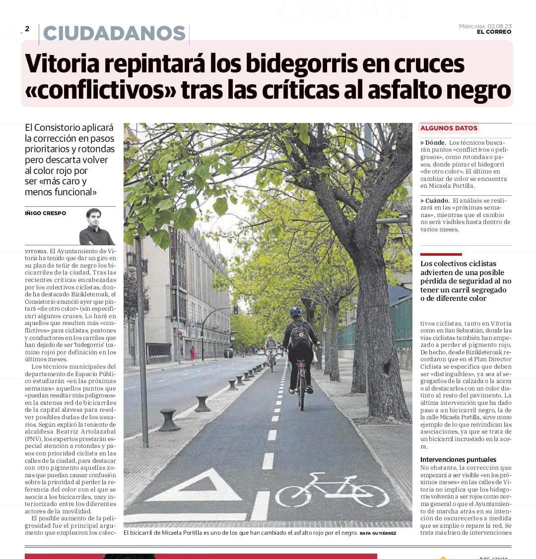 bizikleteroak's tweet photo. BIDEGORRI vs BIDEBELTZA 
Las y los @BIZIKLETEROAK pedimos BIDE-GORRIS y advertimos de la pérdida de seguridad al no existir un carril segregado o de diferente color @vitoriagasteiz https://t.co/NORUgSv7lL
