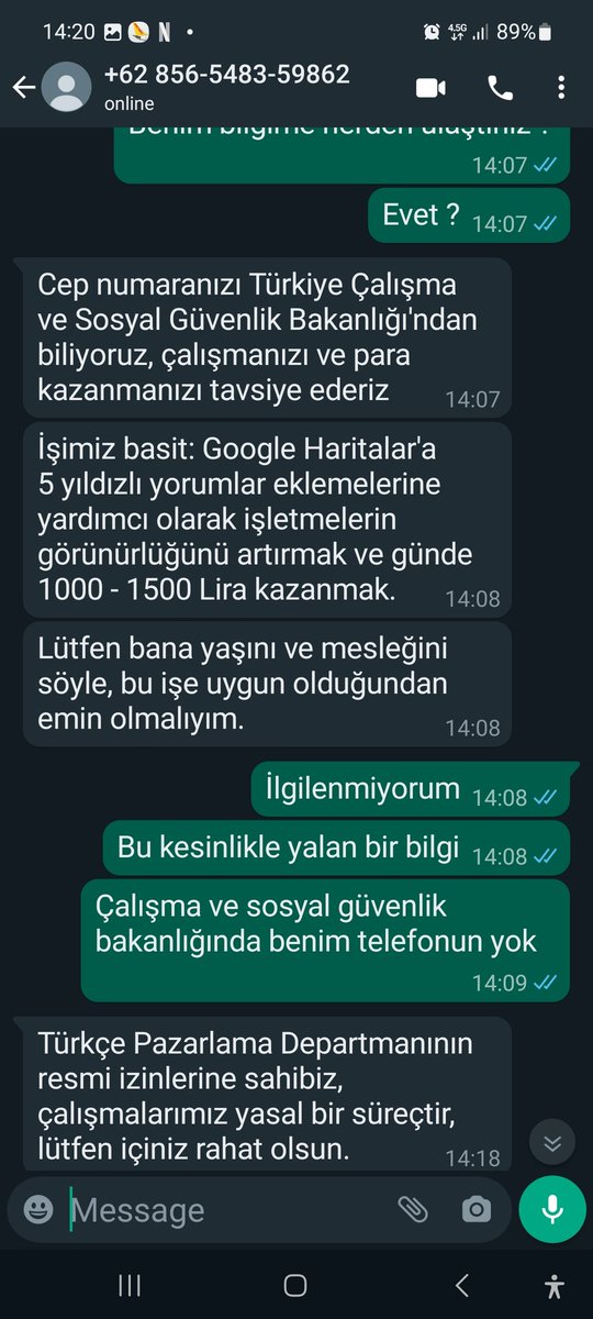 aslihano's tweet photo. @csgbakanligi @nevsinmengu @cuneytozdemir 
Çalışma ve Sosyal güvenlik bakanlığı ile işbirliği içindelermiş. Endonezyadan iş teklifi yapıyorlar. Telefonumu oradan almışlar. https://t.co/0XylcK1og1