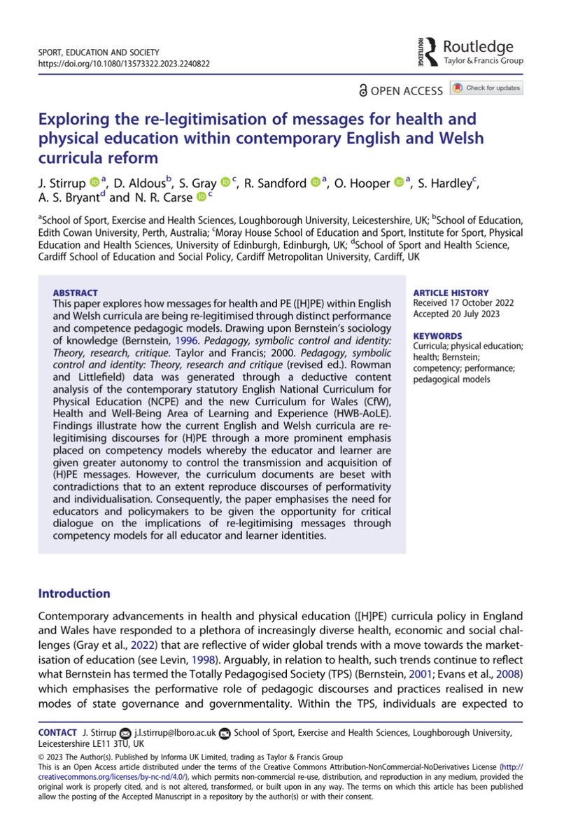 Dr Oliver Hooper (@drorhooper) on Twitter photo New #OpenAccess 🔓 article out now in <a href="/SESJournal/">Sport, Education and Society Journal</a>
Expertly led by <a href="/DrJulieStirrup/">Julie Stirrup</a>, we explore health & PE messages in the English and Welsh curricula, considering what these might mean for teachers & learners
Check it out ⤵️
tandfonline.com/doi/full/10.10…
<a href="/tandfsport/">Routledge Sport, Leisure, and Tourism</a> <a href="/tandfeducation/">T&F Education Research</a> New #OpenAccess 🔓 article out now in <a href="/SESJournal/">Sport, Education and Society Journal</a>
Expertly led by <a href="/DrJulieStirrup/">Julie Stirrup</a>, we explore health & PE messages in the English and Welsh curricula, considering what these might mean for teachers & learners
Check it out ⤵️
tandfonline.com/doi/full/10.10…
<a href="/tandfsport/">Routledge Sport, Leisure, and Tourism</a> <a href="/tandfeducation/">T&F Education Research</a>