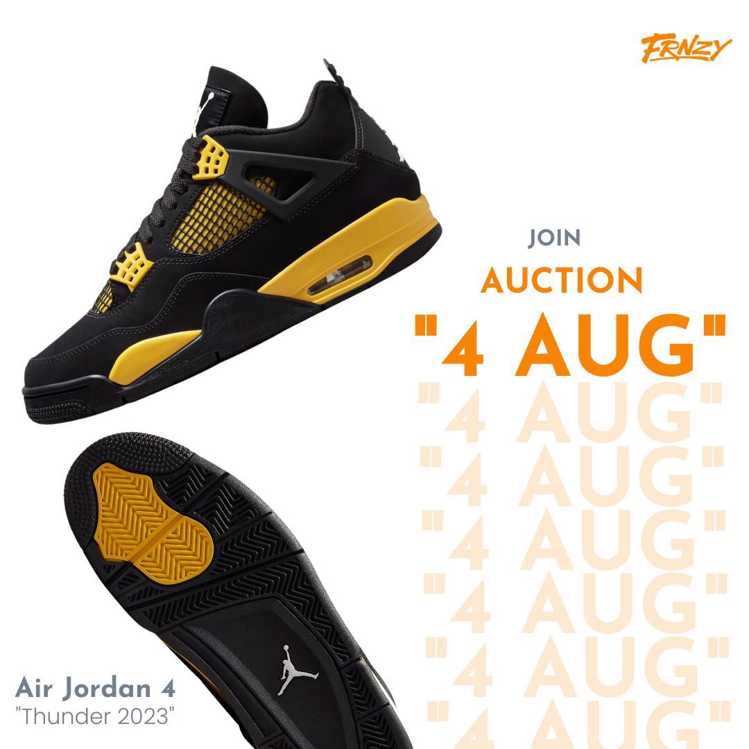 FRNZYLiveShop's tweet photo. Get ready for the biggest back-to -back sneaker drop today as we launch our first auction for thr Jordan 4 Thunder 2023.  Turn on your notifications and keep your phone nearby. https://t.co/4P4DAwOqw8