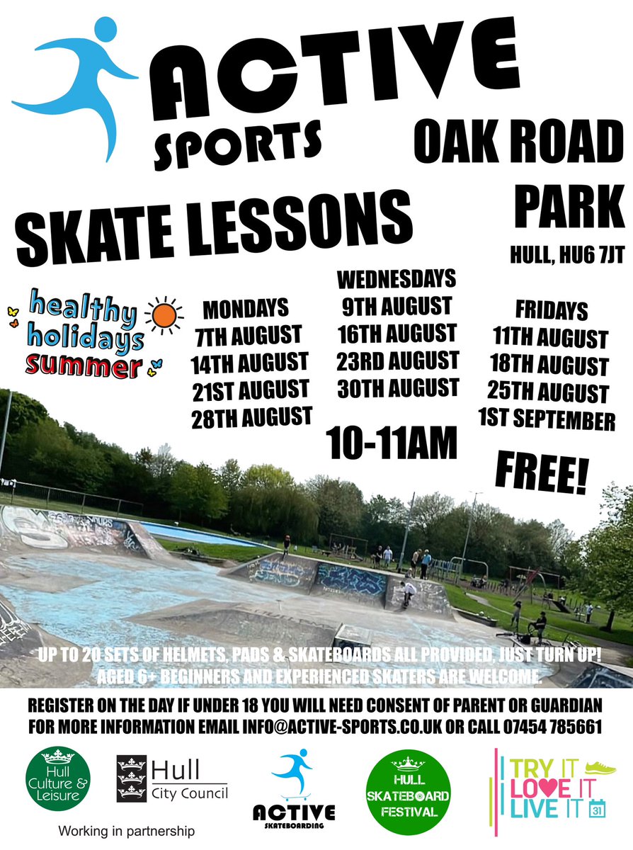 Skateboarding lessons in Hull starting next week, located at Oak Road playing fields (Beresford Park) 😎🛹

@hullcitycouncil @liveithull @healthyholidayshull @Healthyholshull @get_hullactive 
@activehumber @skateboardgb @hullwhatson 

#ActiveSportsHull #SkateboardingHull #Hull