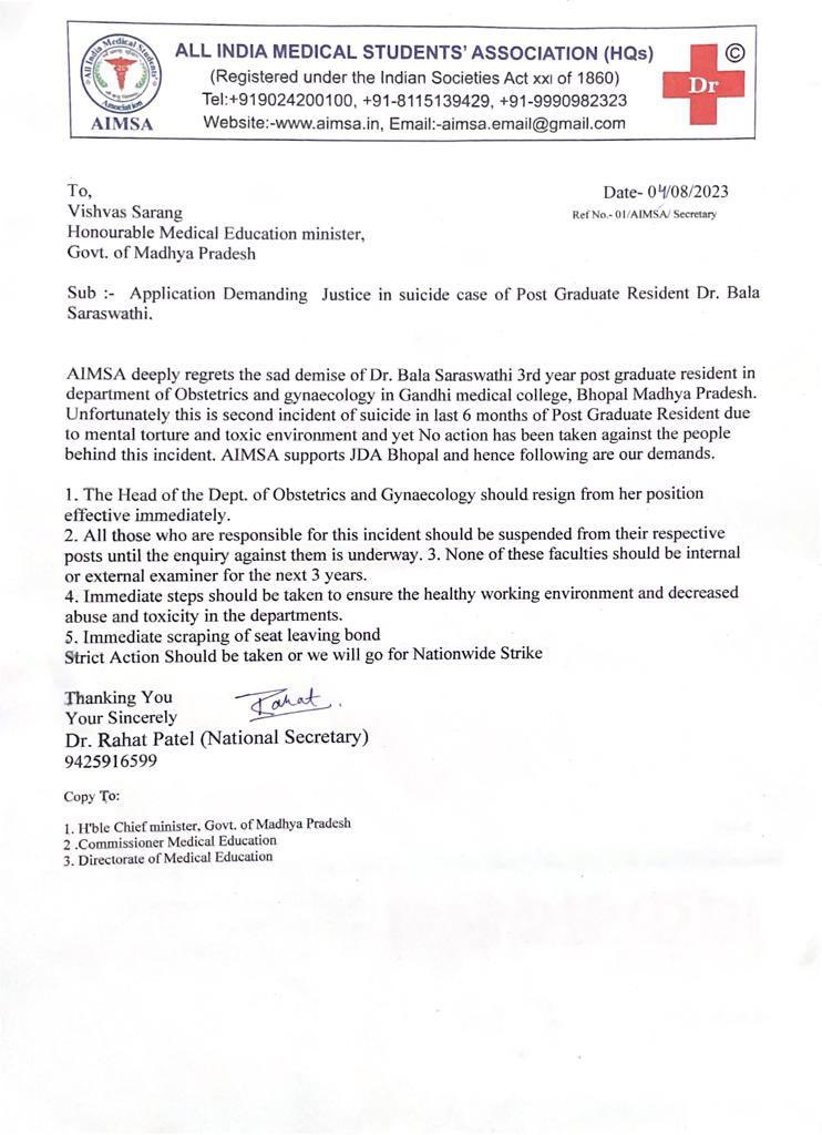 ALL INDIA MEDICAL STUDENTS' ASSOCIATION (@official_aimsa) on Twitter photo <a href="/official_aimsa/">ALL INDIA MEDICAL STUDENTS' ASSOCIATION</a> demands Justice in suicide case of PG resident Dr. Saraswathi
And Supports Junior Doctor Association (JDA GMC Bhopal )
Dr Rahat Patel,National Secretary Appealed Medical Education minister To take strict Actions. <a href="/PMOIndia/">PMO India</a> <a href="/MoHFW_INDIA/">Ministry of Health</a> <a href="/NMC_IND/">National Medical Commission</a> <a href="/ChouhanShivraj/">Shivraj Singh Chouhan</a> <a href="/official_aimsa/">ALL INDIA MEDICAL STUDENTS' ASSOCIATION</a> demands Justice in suicide case of PG resident Dr. Saraswathi
And Supports Junior Doctor Association (JDA GMC Bhopal )
Dr Rahat Patel,National Secretary Appealed Medical Education minister To take strict Actions. <a href="/PMOIndia/">PMO India</a> <a href="/MoHFW_INDIA/">Ministry of Health</a> <a href="/NMC_IND/">National Medical Commission</a> <a href="/ChouhanShivraj/">Shivraj Singh Chouhan</a>