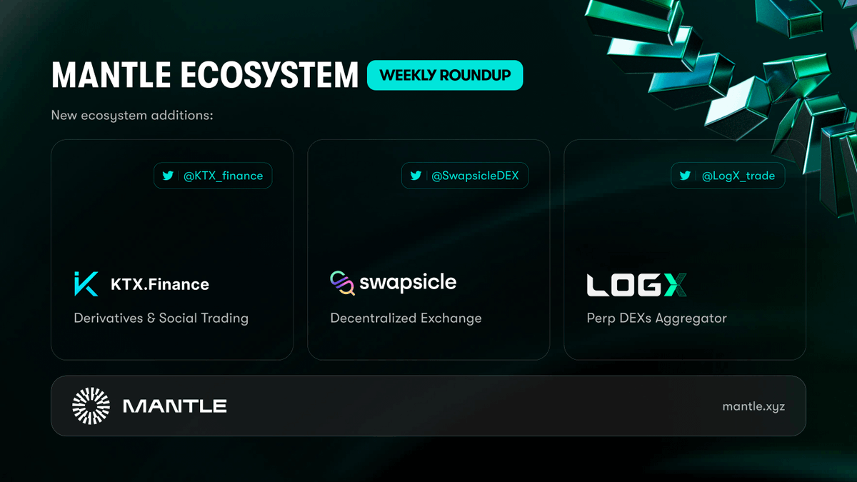 Mantle Ecosystem (@0xmantleeco) on Twitter photo Discover What’s New: New Projects Joining the Ranks 🏅
Mantle Ecosystem continues to expand as we welcome three new innovative projects 📈
✅ <a href="/KTX_finance/">KTX.Finance | Mantle's Leading PerpDex 🦖</a>: Derivatives & Social Trading
✅ <a href="/SwapsicleDEX/">Swapsicle</a>: Decentralized Exchange
✅ <a href="/LogX_trade/">LogX 🪵</a>: Perp DEXs Aggregator
#BuildonMantle Discover What’s New: New Projects Joining the Ranks 🏅
Mantle Ecosystem continues to expand as we welcome three new innovative projects 📈
✅ <a href="/KTX_finance/">KTX.Finance | Mantle's Leading PerpDex 🦖</a>: Derivatives & Social Trading
✅ <a href="/SwapsicleDEX/">Swapsicle</a>: Decentralized Exchange
✅ <a href="/LogX_trade/">LogX 🪵</a>: Perp DEXs Aggregator
#BuildonMantle