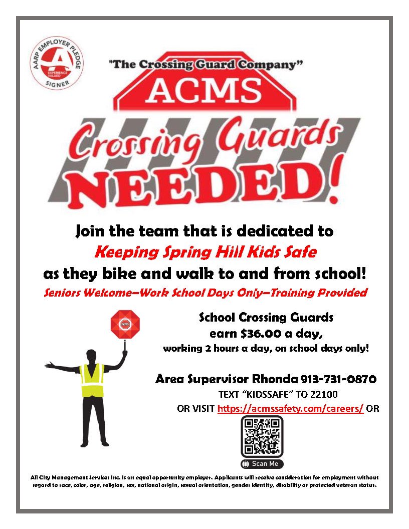 A wonderful opportunity to serve our community! All City Management Services is hiring crossing guards for Spring Hill schools. Earn $36/day working 2 hours per day on school days!