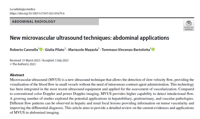 Our latest review provides a detailed description of the abdominal applications of new microvascular ultrasound techniques. 

Now published in La Radiologia Medica 👉 link.springer.com/article/10.100…

@RadiolMed @_sirm @Giulia_Pil @TV_Bartolotta