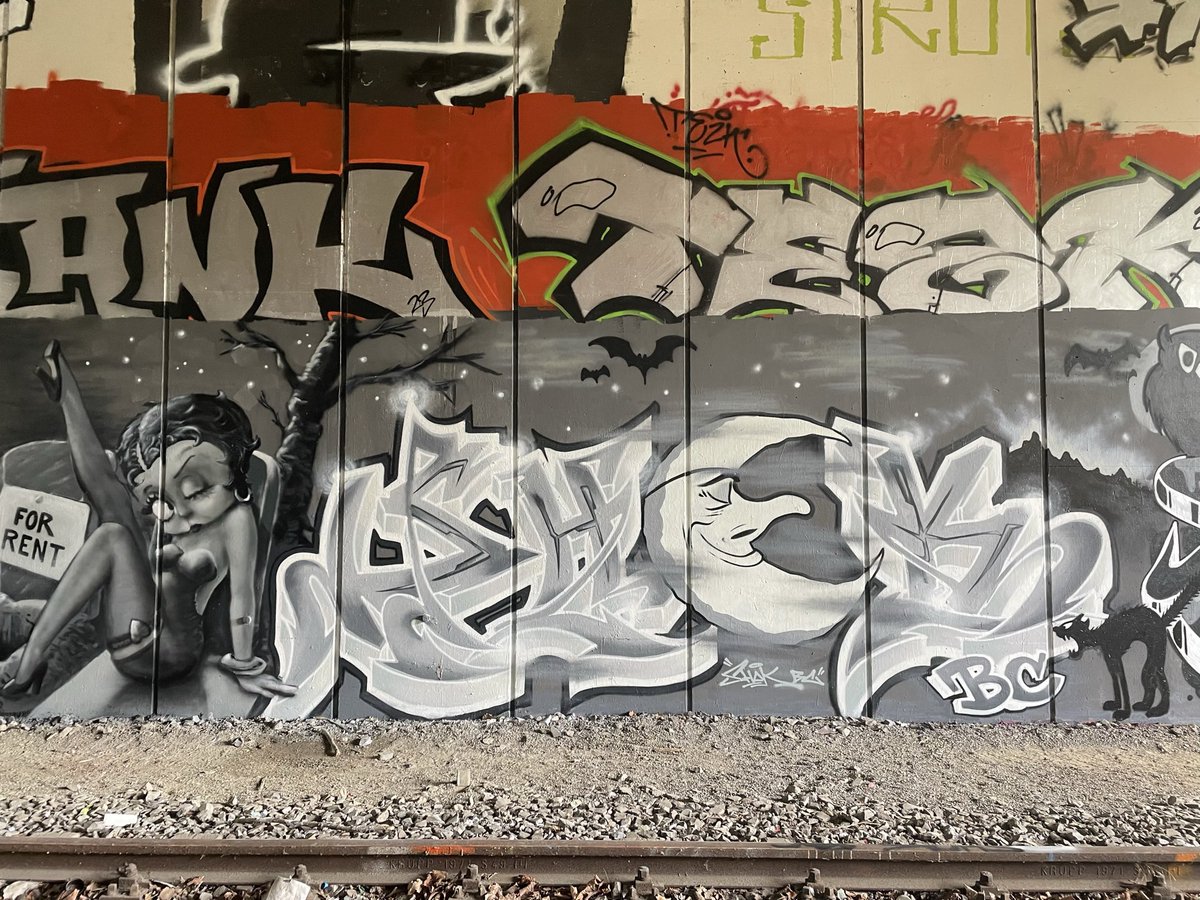basstard1's tweet photo. Ich glaub, das ist mit Abstand meine absolute Lieblingswand, die wir letztes Wochenende gerockt haben. 🖤💀🖤
#Rokz #Coltrane #Kosar #Shok #Dina #Eshok
#graffitiart #graffiti #bettyboop #streetart https://t.co/3qdg5DAUQb