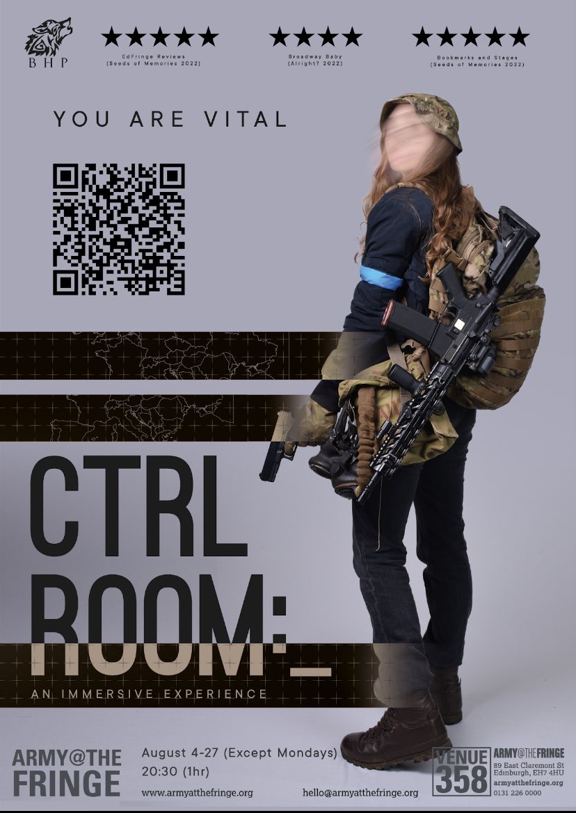 Black Hound Productions (@bhoundp) on Twitter photo CTRL ROOM:_
Immerse yourself in the battlefield of the future and make real-time decisions in the heat of war. Save lives or take them, all from the control room.
In a world where technology rules, you are vital.
#TweetTheMedia #FillYerBoots #EdFringe <a href="/ArmyatTheFringe/">Army at the Fringe</a> CTRL ROOM:_
Immerse yourself in the battlefield of the future and make real-time decisions in the heat of war. Save lives or take them, all from the control room.
In a world where technology rules, you are vital.
#TweetTheMedia #FillYerBoots #EdFringe <a href="/ArmyatTheFringe/">Army at the Fringe</a>