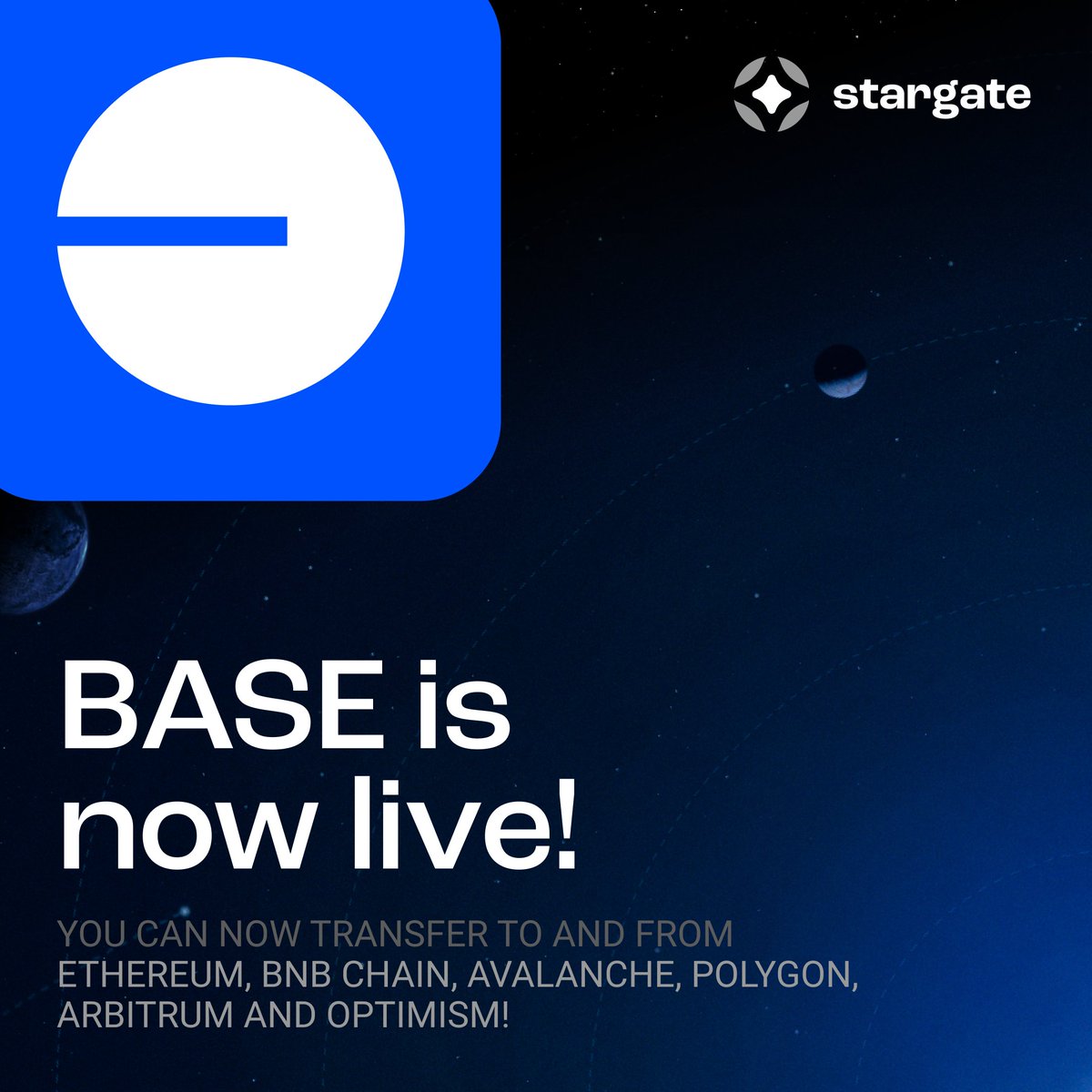 Stargate is excited to announce it's deployment to a new ecosystem: @BuildOnBase 🔵 You can now be one of the first to access $USDC and $ETH liquidity on Base Mainnet! Bridge to and from all of the supported networks below at: stargate.finance/transfer