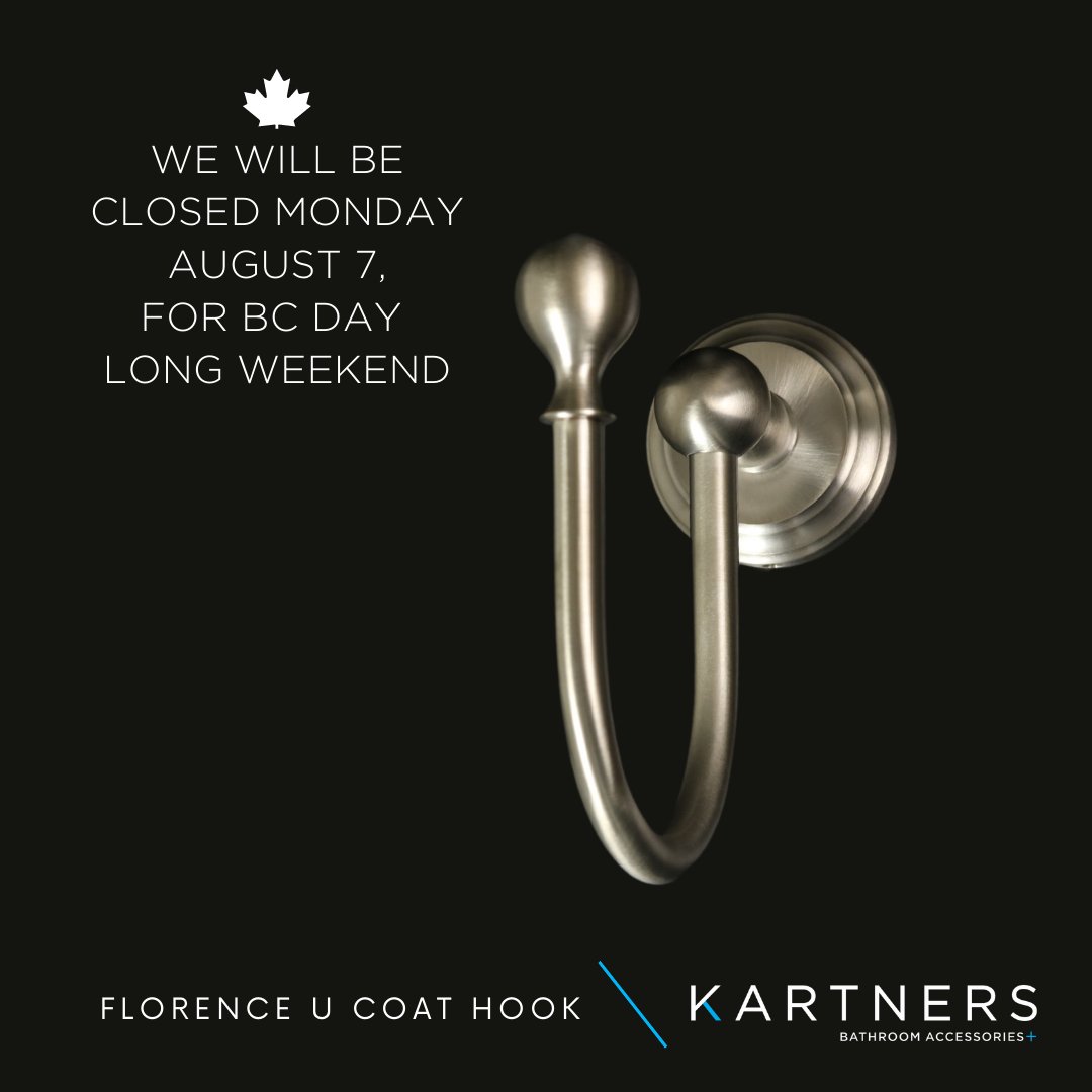 We will be closed on Monday, August 7th, for BC Day Long weekend.

Featured here: Florence U Coat Hooks, in Brushed Nickel

#Kartners #ElevateYourEveryDay #multiresidential #designdetails #decorativehardware #bathroomhardware #bathroomfixtures #multiresidentialdesign #bathroom