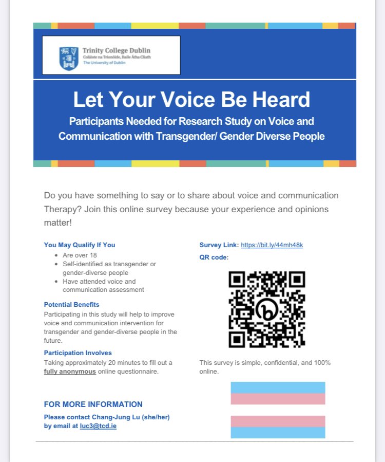 Participants needed for online survey!
#LGBTQ #transgender #voice #communication #SLP #SLT 

For transgender or gender diverse people
👉🏻 bit.ly/44mh48k
For speech language therapist/ pathologist 
👉🏻 bit.ly/3Odzhzr

Please share this post !🙏