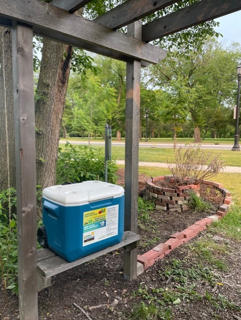 EdibleEvanston's tweet photo. Food pantry produce donations are OPEN until 3:00 pm today! Leave any produce you want to donate in bags/bunches in the cooler by the Food Forest toolshed (south of Payne St. at Hartrey Ave.). Signs and poster for collection day will be up! https://t.co/XGASo8YN2b