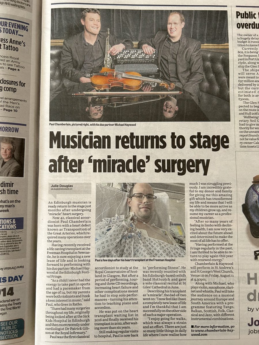 Article in today’s @edinburghpaper about my return to performing after #hearttransplant and upcoming @edfringe concert! #edfringe #musician #recovery