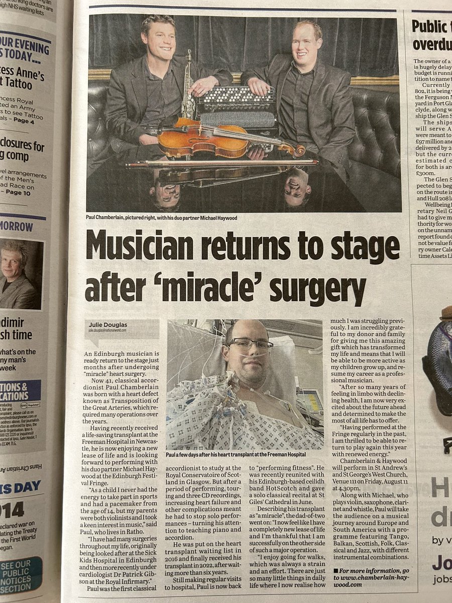 Paul Chamberlain (@_accordionist_) on Twitter photo Article in today’s <a href="/edinburghpaper/">Edinburgh Evening News</a> about my return to performing after #hearttransplant and upcoming <a href="/edfringe/">Edinburgh Festival Fringe</a> concert! #edfringe #musician #recovery Article in today’s <a href="/edinburghpaper/">Edinburgh Evening News</a> about my return to performing after #hearttransplant and upcoming <a href="/edfringe/">Edinburgh Festival Fringe</a> concert! #edfringe #musician #recovery