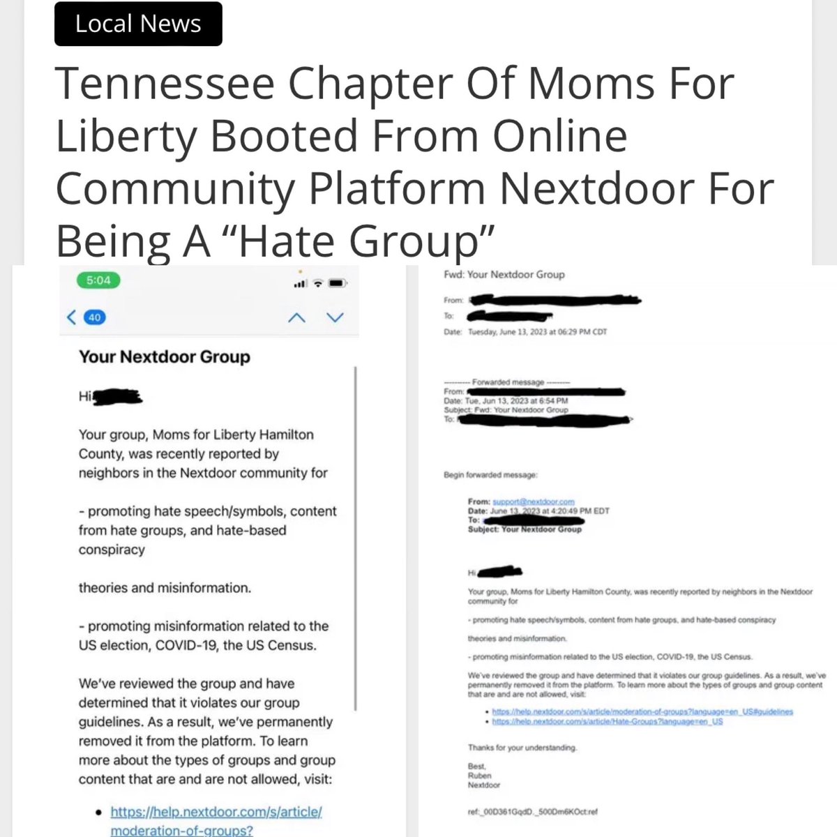 HAMILTON COUNTY: Apparently the Moms (Against) Liberty chapter was just booted off @Nextdoor bit.ly/3OoZtFY