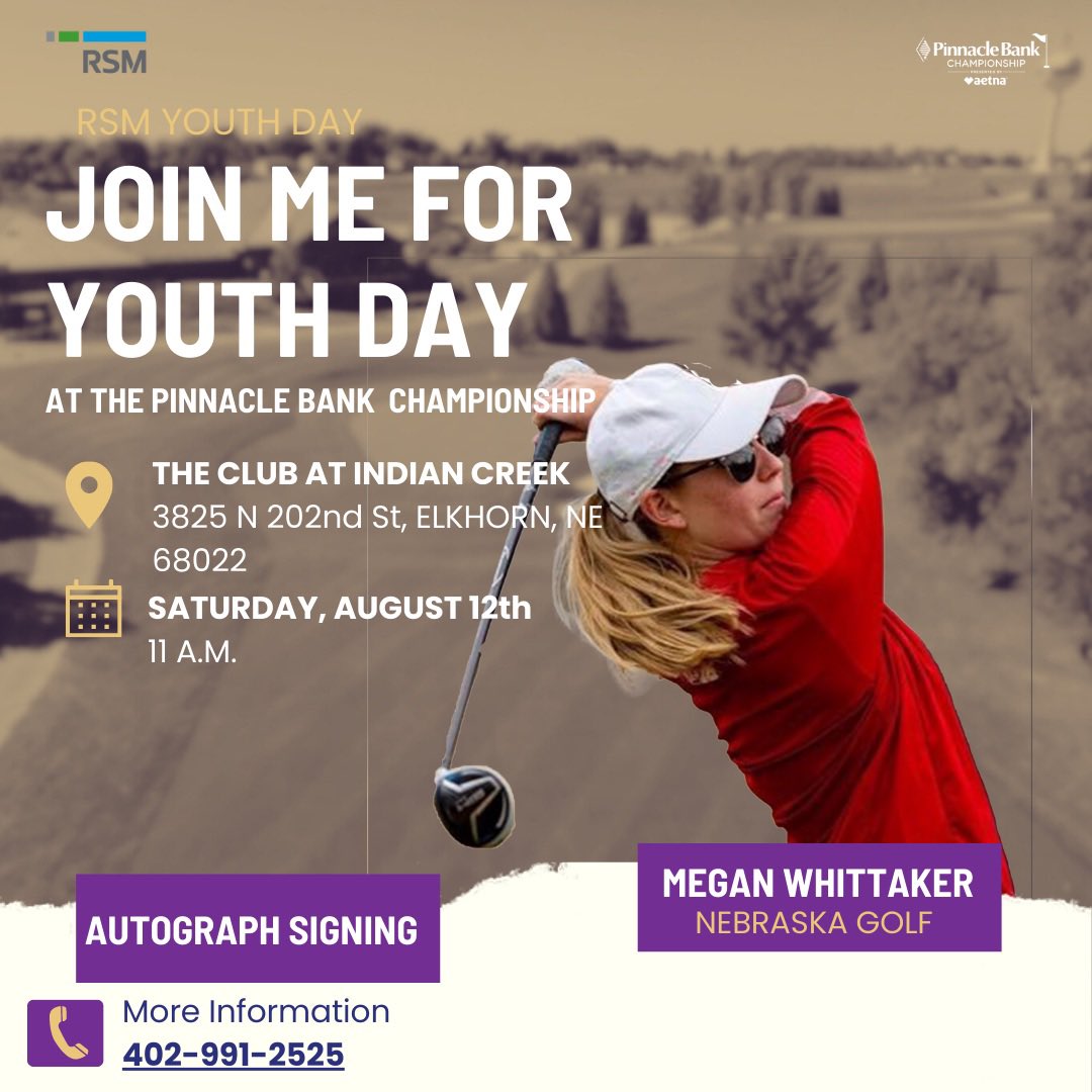 I can’t wait to be a part of Youth Day <a href="/pinnbankgolf/">Pinnacle Bank Championship</a> with fun games, good food, and treats! Following the <a href="/RSMUSLLP/">RSM US LLP</a> putting challenge you can find me signing autographs…see you there! #pinnbankgolf #huskers