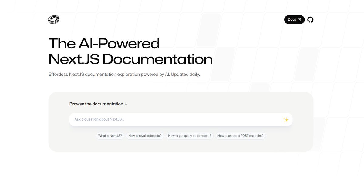 bacqueyrisses's tweet image. Introducing NextAI: Your NextJS Documentation Companion! ✨

NextAI is an AI-powered chat that refreshes its knowledge daily with the latest NexJS doc, ensuring you&apos;re always up-to-date. #NextJS #AI 

🔗Explore now: nextai.dev