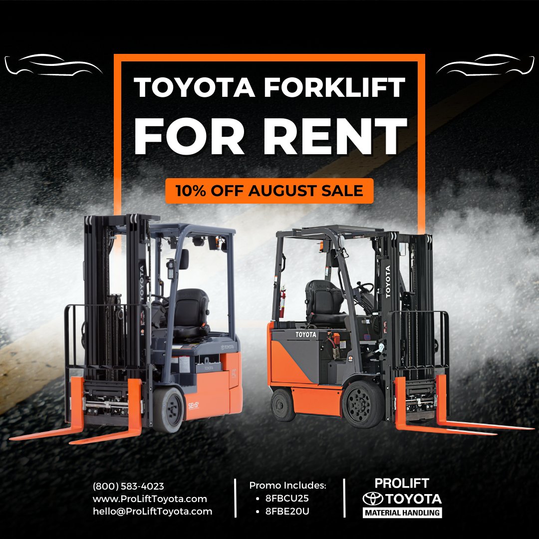 ProLift's tweet photo. 💥 Big Savings Alert! 💥

This August, #ProLiftToyota is offering a 10% discount on rentals of our top-rated electric models - the 8FBCU25 and 8FBE20U.🔌

Secure your discounted rental here: https://t.co/lPT2FiiCXW

#ProLift #ForkliftRentals #Efficiency #Savings https://t.co/xqCB62IELd