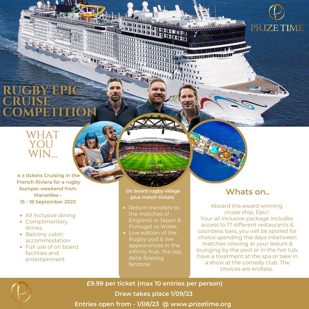 PrizeTime_'s tweet photo. Our first amazing competition!

Go to…
https://t.co/NOkhm7pI4x answer the question and enter !

Draw on 1/9/23 

World Cup rugby tickets and a cruise for 4 people!

#rugby #rugbyworldcup #epiccruise #Marseille #cruiseship #win #prizetime #prizetimecompetitions https://t.co/39LnRVVjtN
