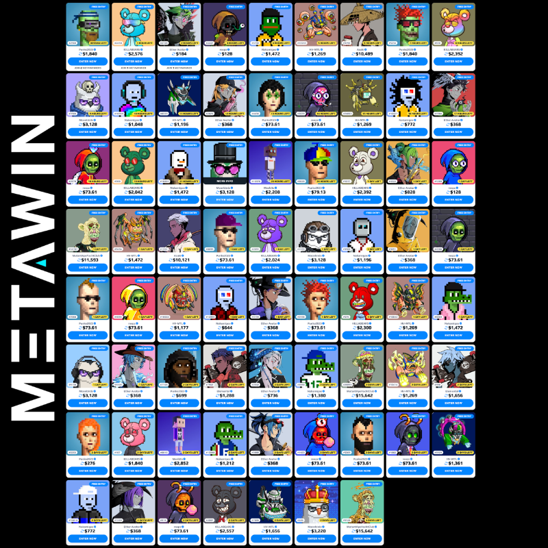 MetaWin's tweet photo. 72 FREE NFTs remaining.  76 ETH in total prize value.  Running every hour until Monday. 

Free to Enter:  https://t.co/YQa0I8g8bO