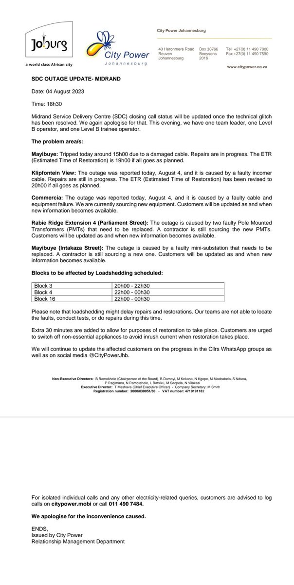 CityPowerJhb's tweet photo. #OutageUpdate #MidrandSDC
#Mayibuye
#KlipfonteinView
#Commercia
#RabieRidgeExtension4(Parliament Street)
#Mayibuye(Intakaza Street)
Kindly note the updates below: π ^KM https://t.co/pteeTqjW7y