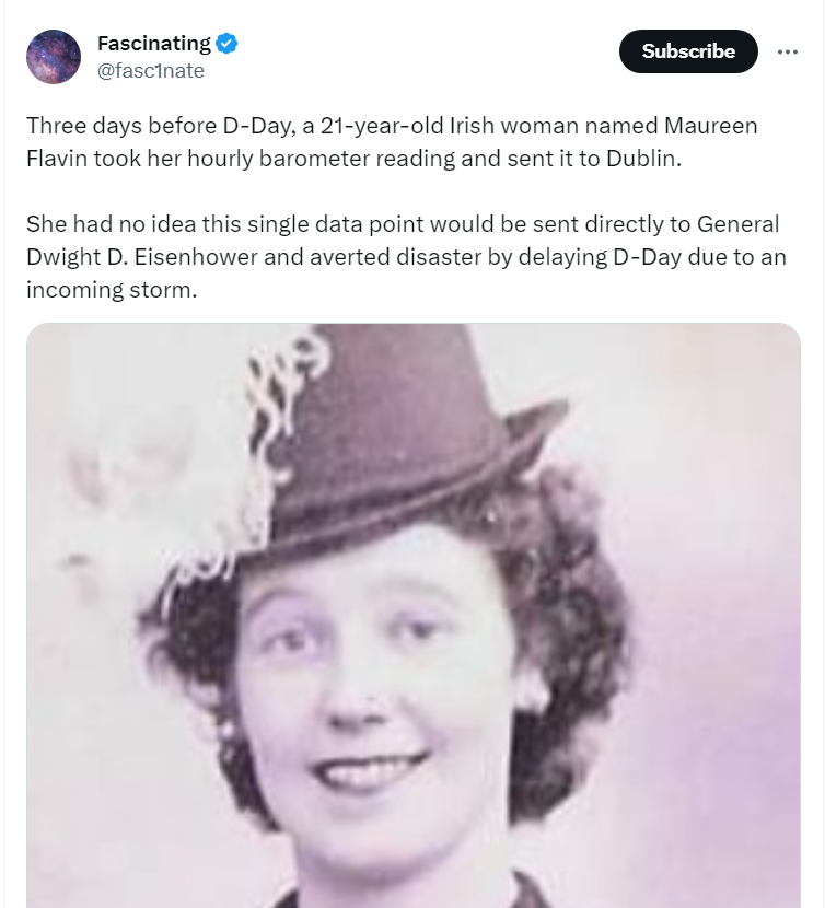 Care2much18's tweet photo. The focus of this tweet is how Maureen's weather forecast averted disaster by predicting a storm for June 5th.

However, the more important contribution she made was accurately forecasting a break in the storm for June 6th.

It's such an amazing story, of an Irish legend ☘️ /1 https://t.co/9NHP4lh2YO