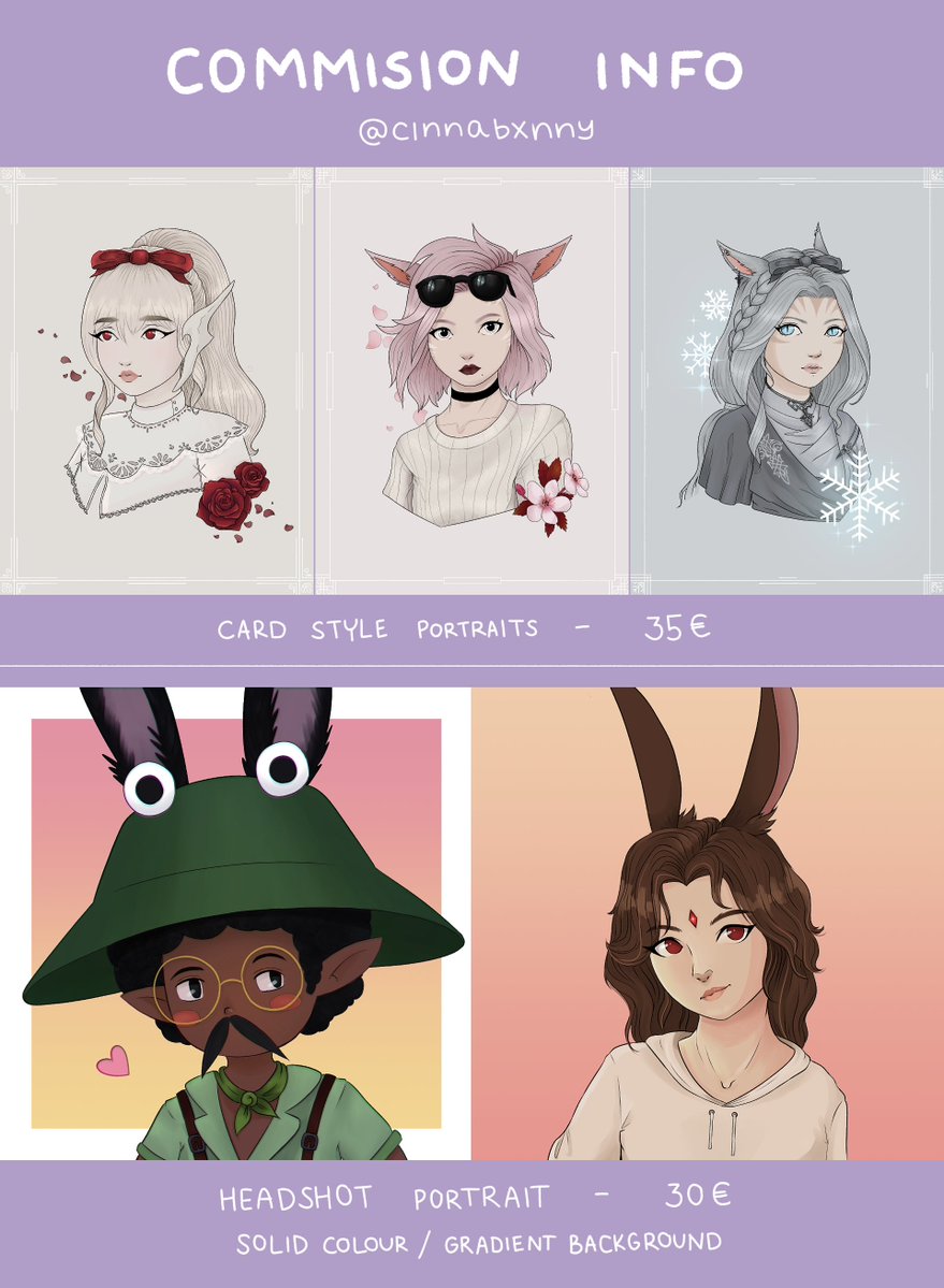 cinnabxnny's tweet photo. commission info💜

card style portrait - 35€
headshot - 30€

payment through paypal only
DM✉️ if interested or in case of any questions
see more of my work on https://t.co/SzYgHTuk6f

#digitalart #commissionsopen https://t.co/n6pDgV8xCA