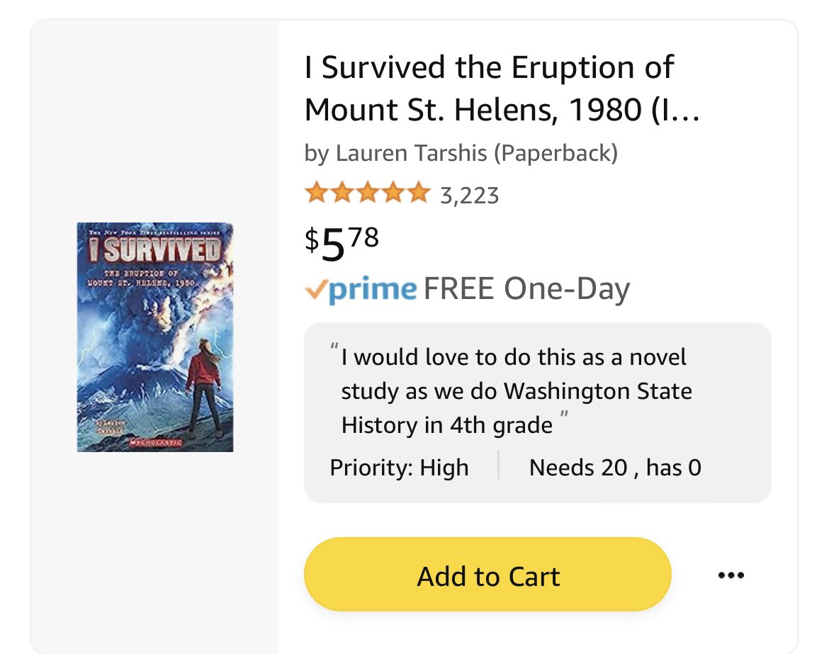 <a href="/support_a_teach/">Courtney Jones</a> My #1 item on my list currently is a class set of books for a novel study. We learn about Washington State History in 4th grade and I would love to do a historical fiction novel with it. #BetterTogether #clearthelist2023 📚 
amazon.com/hz/wishlist/ls…