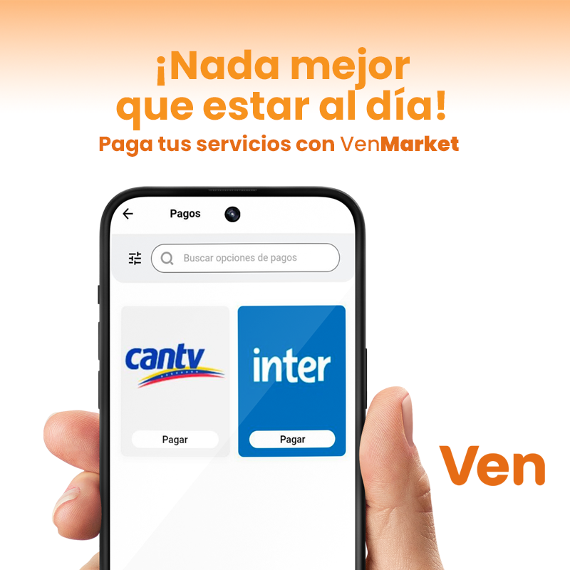 En VenMarket puedes pagar tus facturas de Cantv e Inter🧡 ¿Ya cancelaste tus servicios? Fácil y seguro, descarga VenApp📲