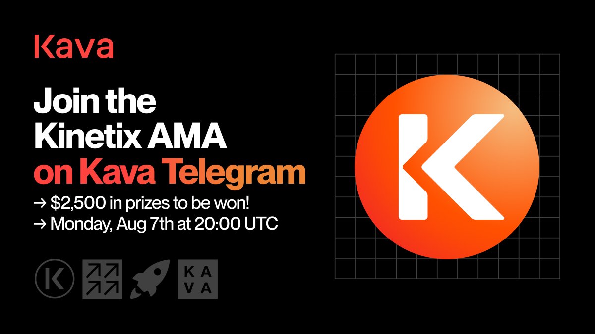 KAVA_CHAIN's tweet photo. Join the @KinetixFi AMA this Monday, Aug 7th at 20:00 UTC on #KAVA Telegram for a chance to win $2,500 in prizes!

How to participate:
❤️ Follow @KinetixFi &amp; @KAVA_CHAIN 
❤️ RT and tag 3 friends
❤️ Ask a question 👉 https://t.co/1b1FyDrYtS https://t.co/1ceZiAc4If
