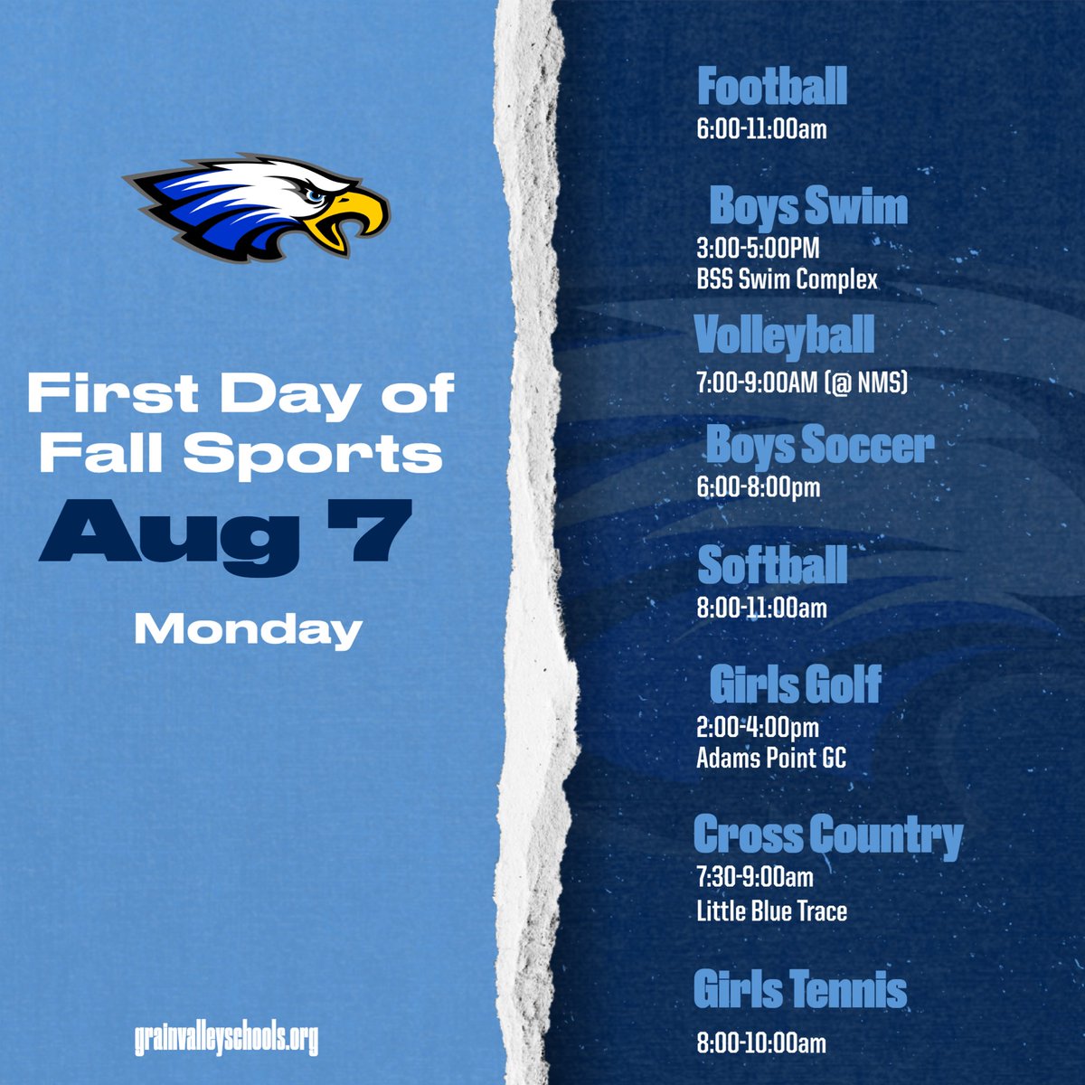 First day for HS Fall sports is Monday, 8/7.  Please remember you must register and have an updated physical before you are cleared to practice.  You may register online. grainvalleyhs-ar.rschooltoday.com/home
