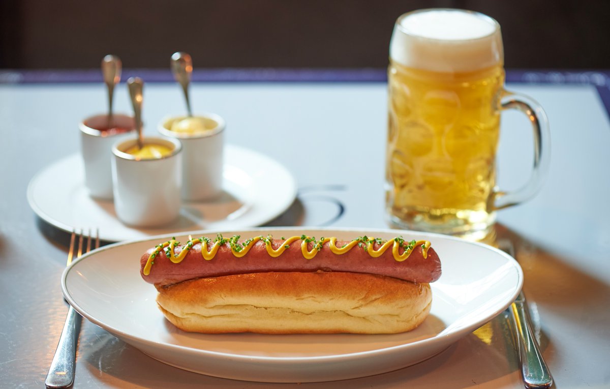 A pint of Stiegl Goldbräu or a glass of our house wine paired with our Viennese Hot Dog with is available for £15 from 5pm every Monday and Tuesday at The Delaunay Counter