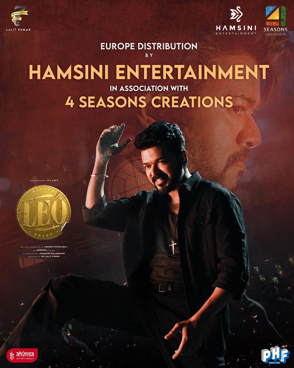 Hamsinient's tweet photo. Elated to join hands with @4SeasonCreation for #Leo Europe release 🕺🕺 

We assure you that it'll be #ThalapathyVijay 's biggest release in Europe 😎 

Kondaati koluthalam nanba 💥💥 

@actorvijay @Dir_Lokesh @anirudhofficial @7screenstudio @PharsFilm @ahimsafilms https://t.co/b9iROrDGRW