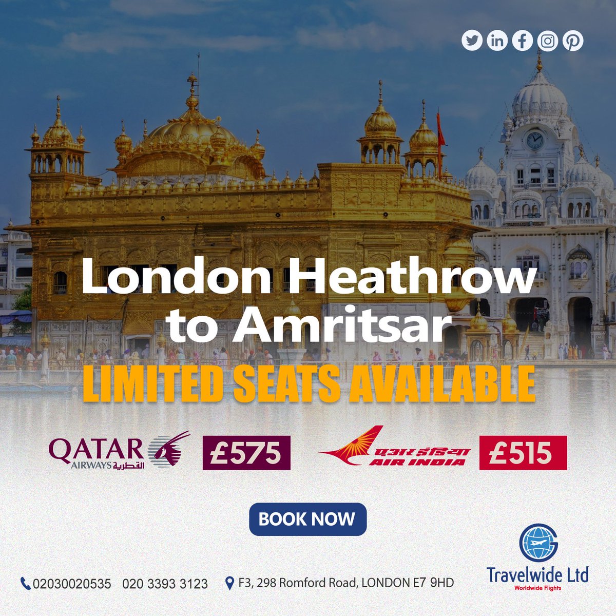 Book your next flight with global travel wide

For more information
Call Now
02030020535 02033933123

#LondonToAmritsar #JourneyOfTheHeart #BridgingContinents #TravelDreams #AmritsarAdventures #HeathrowToGoldenTemple #WanderlustMagic #ExploreWithPassion #CulturalOdyssey