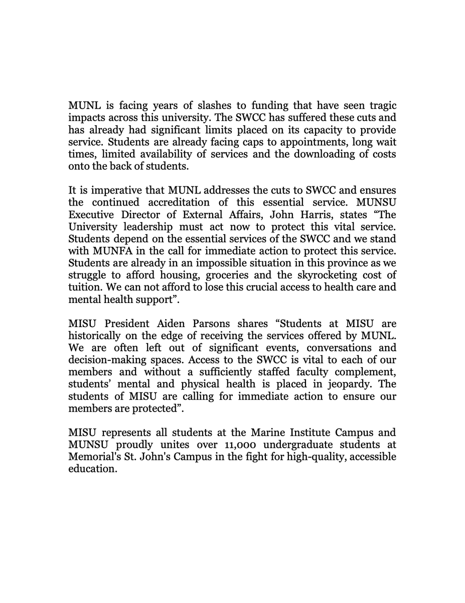MUNSU35's tweet photo. Students are united in the call for immediate increased support and funding for the on-campus Student Wellness and Counselling Centre. Recent reports of a potential loss of accreditation at the SWCC would escalate the already dire mental health crisis in the province 1/ https://t.co/00ywwBrdqv