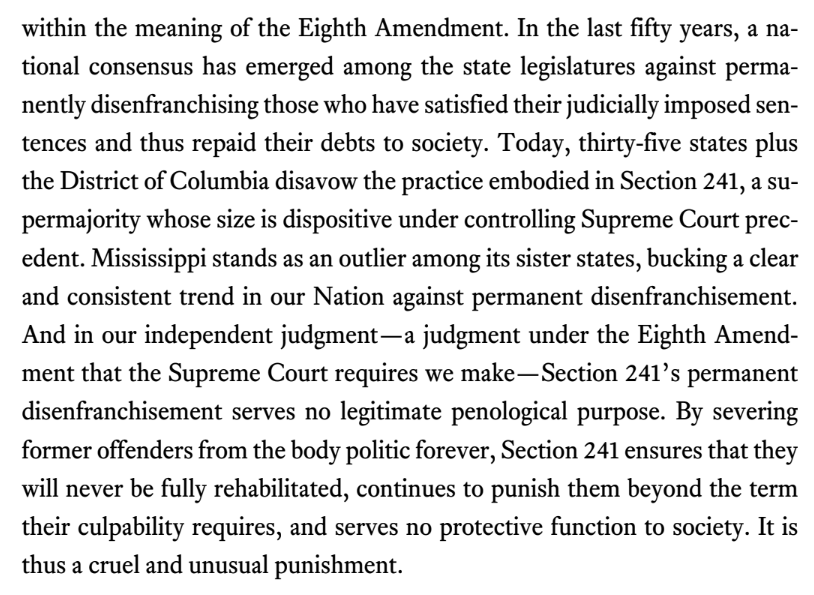 Holy Moly - CA5 holds that Mississippi's law disenfranchising various felons for life violates the Eighth Amendment! 

Vote is 2-1, Jones dissenting 1/ 

drive.google.com/file/d/17KyVLm…