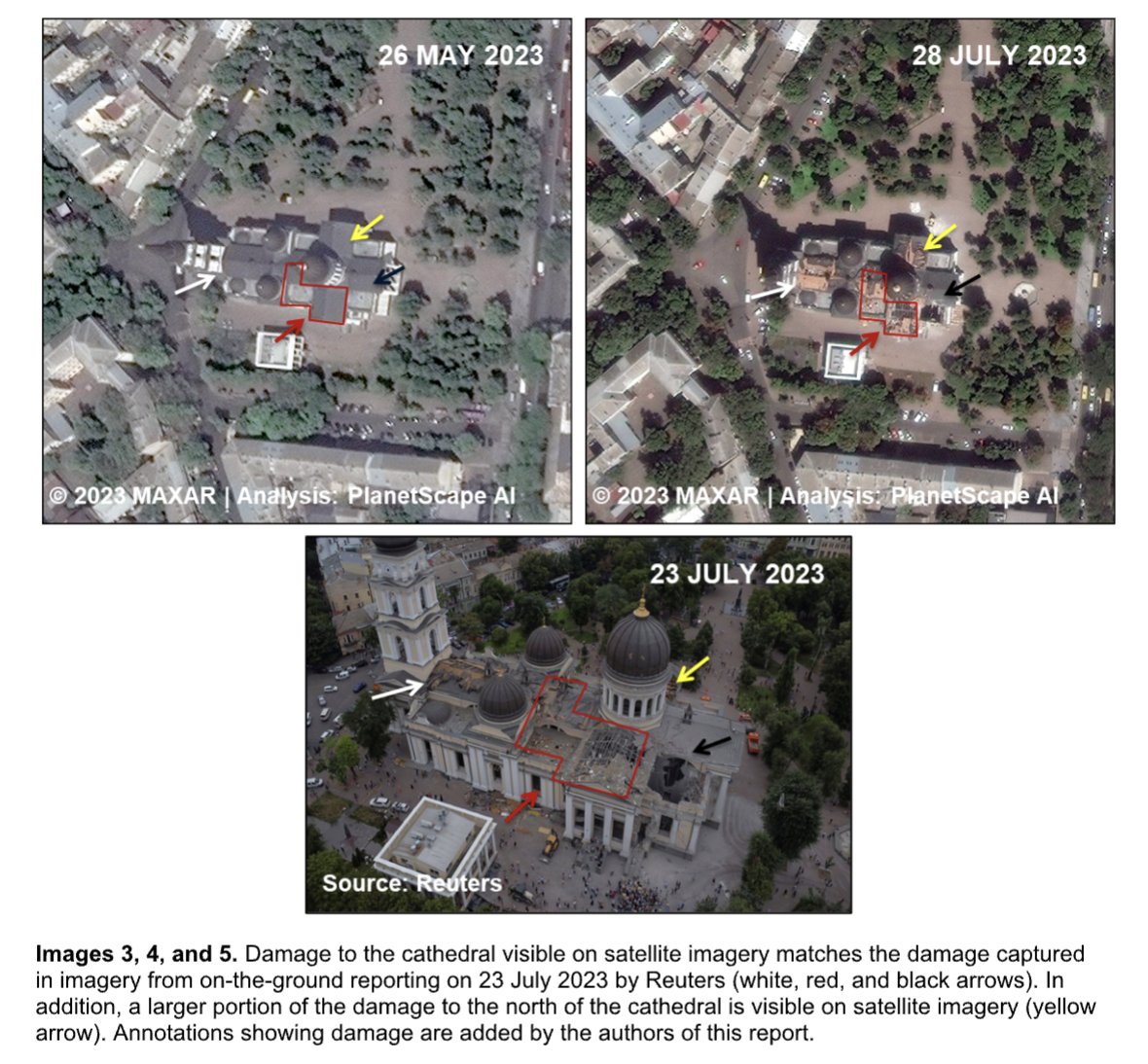 Today's #ConflictObservatory report from @SmithsonianCRI + @PlanetScapeAi finds significant damage to the Odesa Transfiguration Cathedral as a result of Russia's airstrike on July 23 - another example of major #Ukraine cultural landmarks being destroyed: bit.ly/3QrSCOO