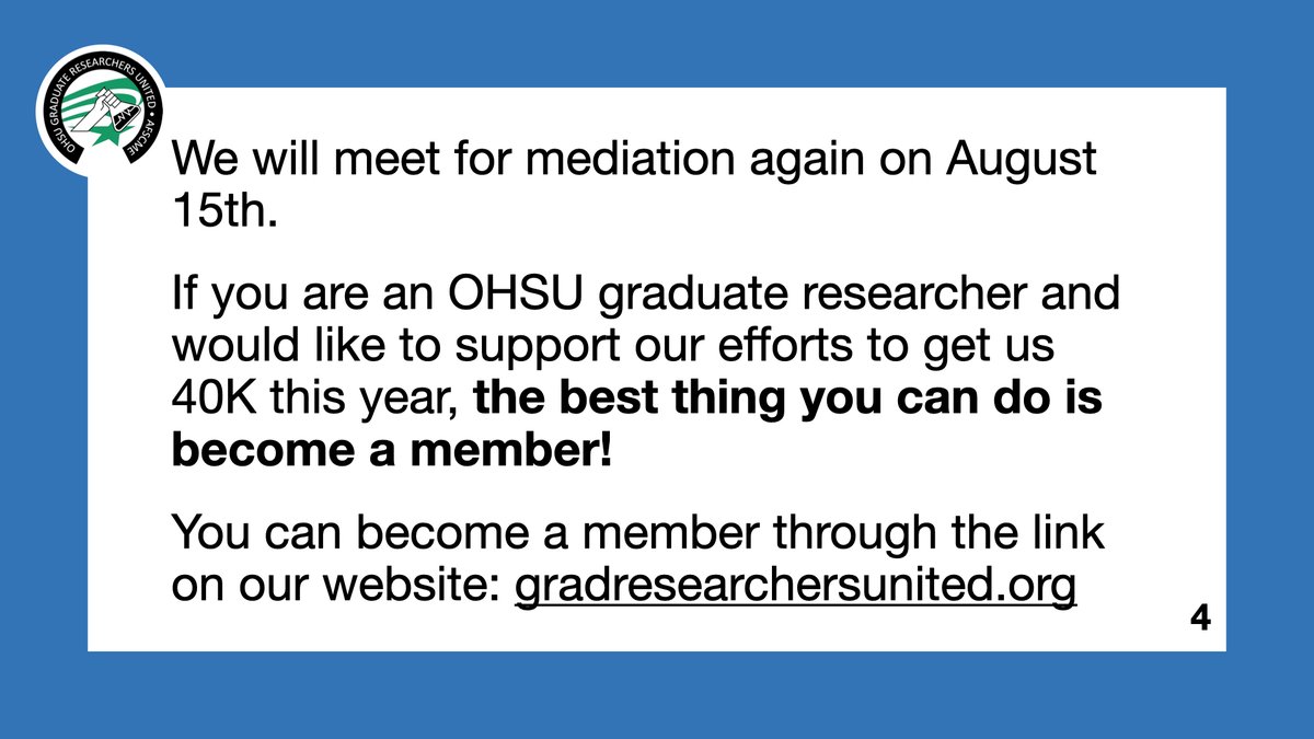 OHSUGradUnion's tweet photo. Here's our mediation update from 7-31-23.

If you are an OHSU graduate researcher and you are not yet a member, you can sign up through the link in our bio. https://t.co/ZkEkrHHgbo