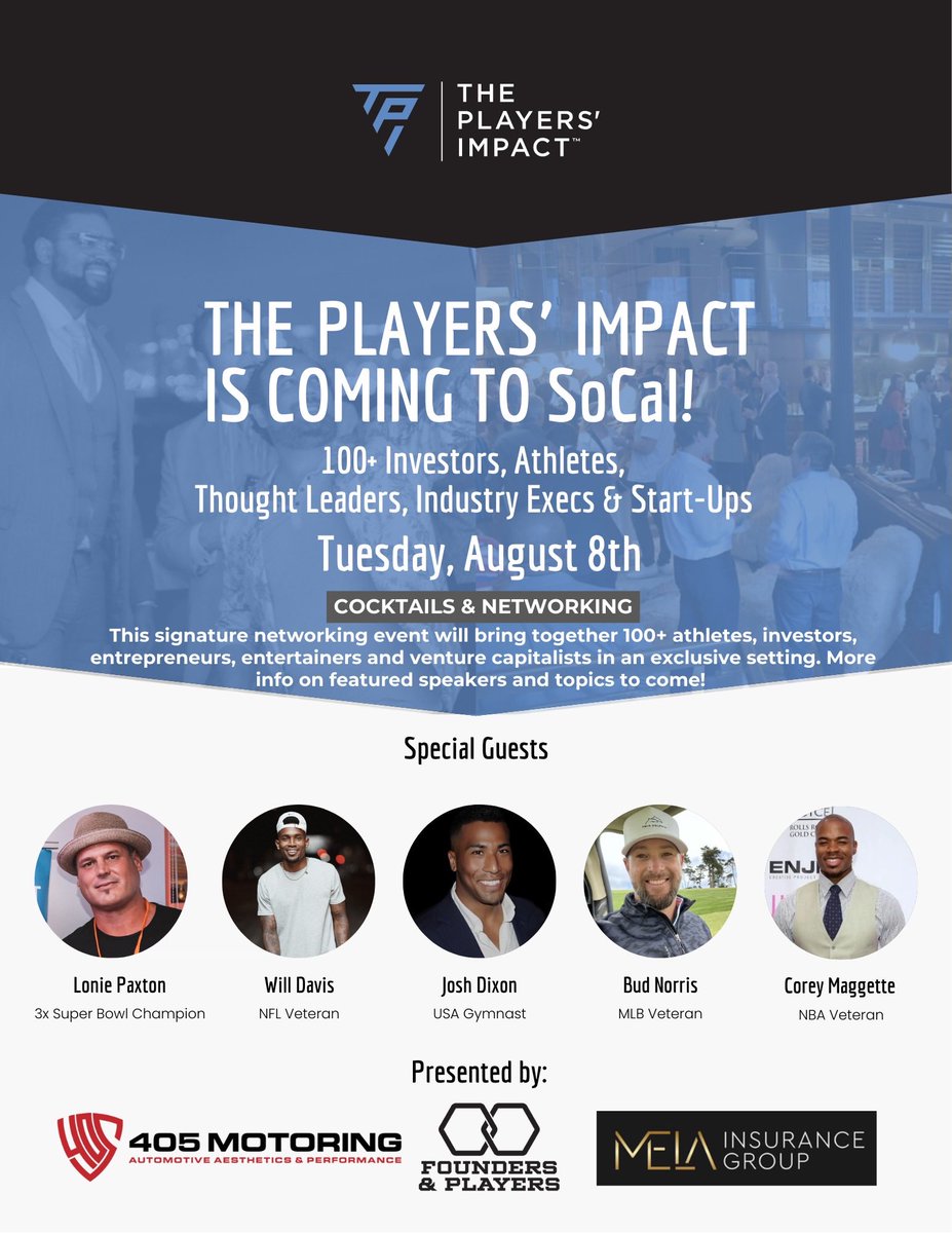 T-4 days until our event in Southern California kicks off!

This signature networking opportunity will bring together a plethora of athletes, investors, entrepreneurs, entertainers and venture capitalists. 

We hope to see you there‼️